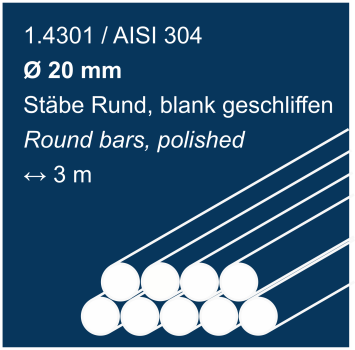 Edelstahlstäbe, geschliffen, aus 1.4301 (304), 20 mm Durchmesser, 3000 mm lang, auf blauem Hintergrund abgebildet